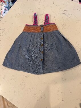 Girls Chambray Button-Front Skirted Bottom with Pink and Orange Smocked Waist